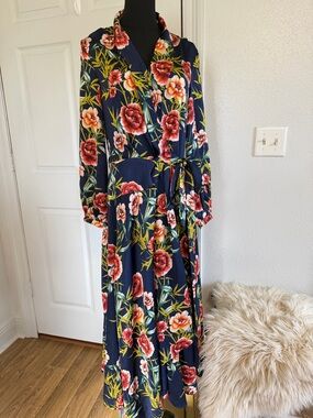 Nasty Gal Floral Wrap Maxi Dress Navy Red Boho Long Sleeve Tie Waist Size 6